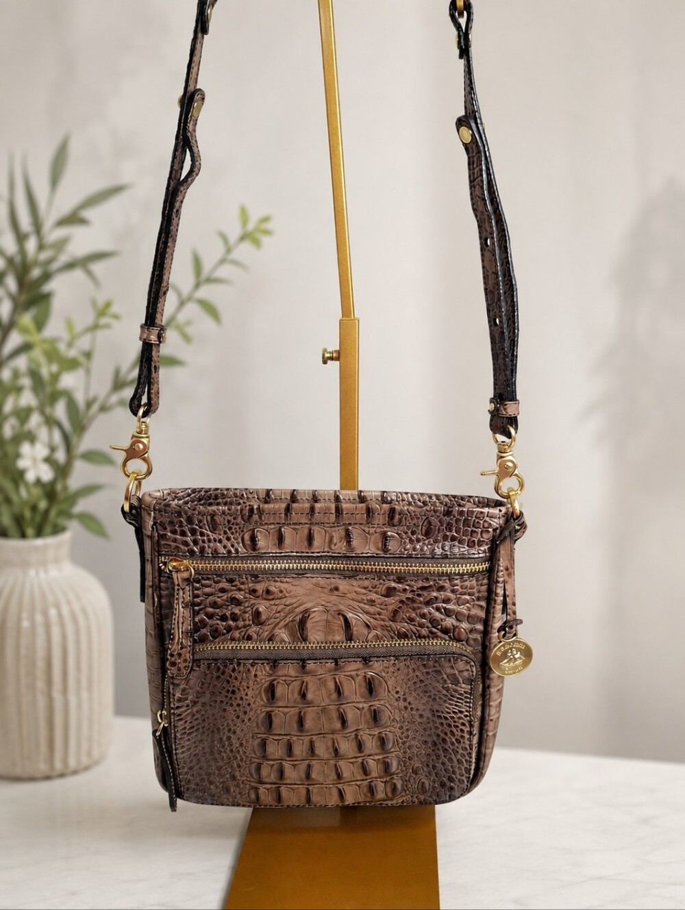 Brahmin Pecan Melbourne Croc Embossed Leather Crossbody Bag